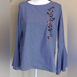 St Johns Bay blue & white striped top blouse bell sleeves Embroidery Size M